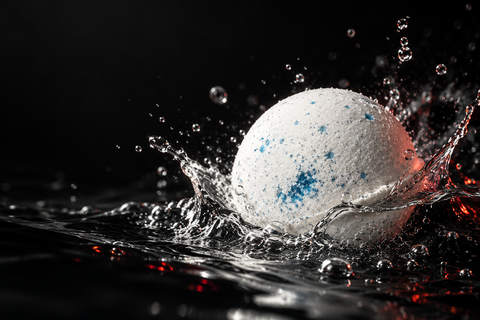 A mineral-speckled equipment bath bomb suspended in a dramatic water splash