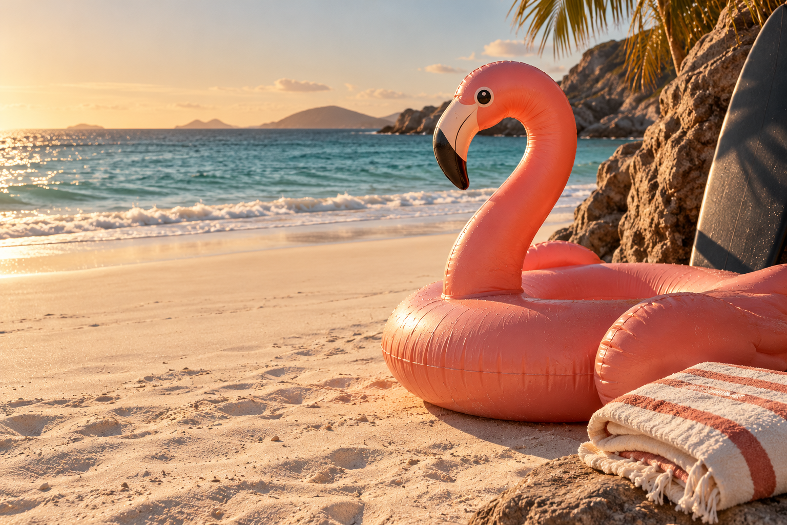 Editorial beach still life with a coral flamingo float and vacation gear